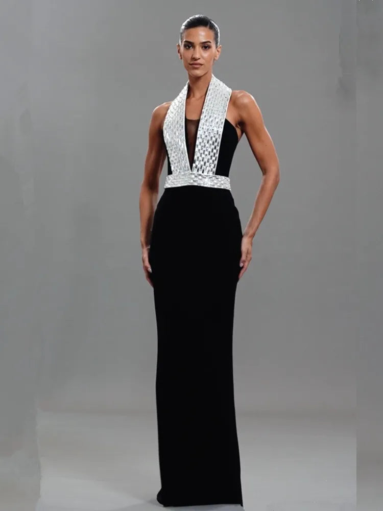 Black Backless Beaded Maxi Bodycon Dress VestiVogue