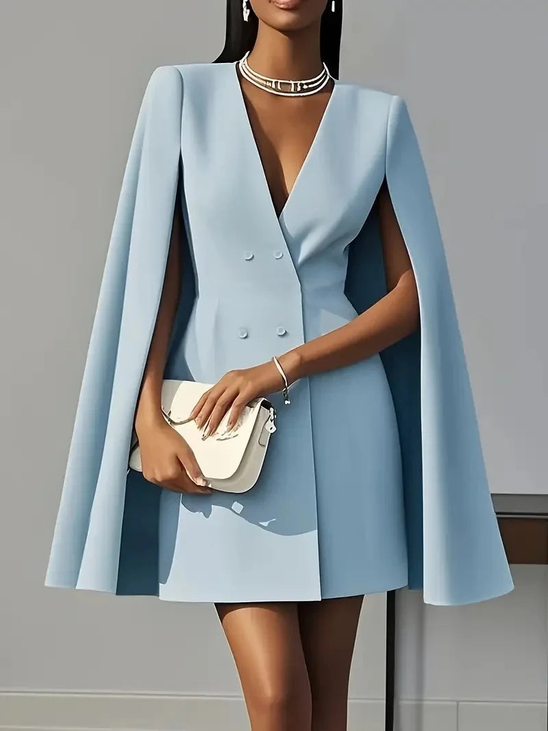 Elegant V-Neck Double Breasted Blazer Dress with Cape Sleeves VestiVogue Blue 1993 S