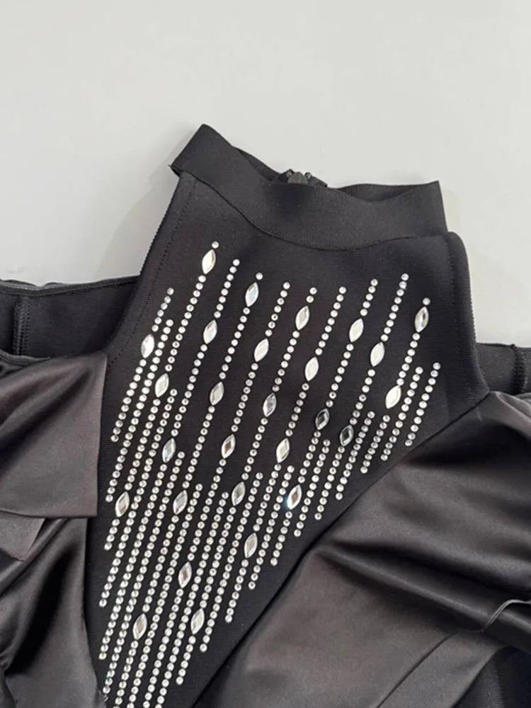 Elegant Black Ruffle Maxi Dress with Diamonds and Turtleneck VestiVogue