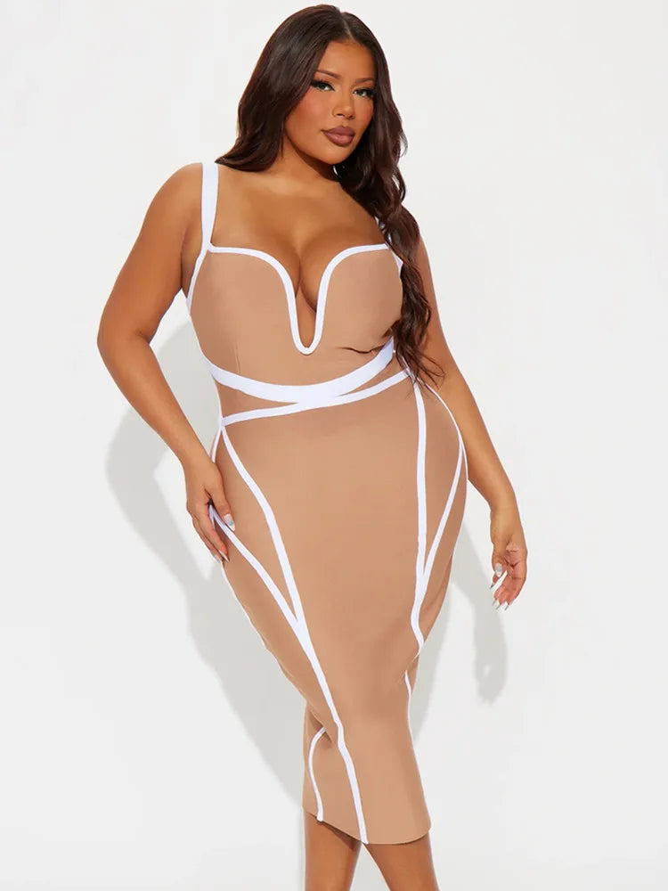 Beige V Neck Midi Bodycon Dress with Patchwork Design VestiVogue