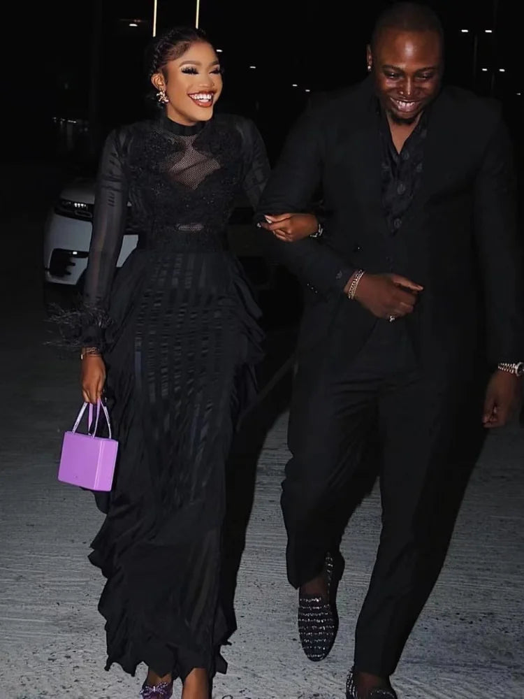 Black Lace & Mesh Maxi Dress VestiVogue