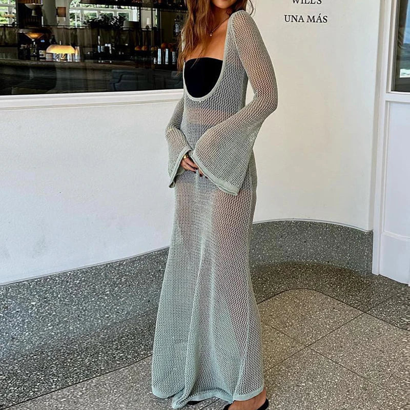 Knitted Backless Long Sleeve Beach Cover-Up Dress VestiVogue Light Green L