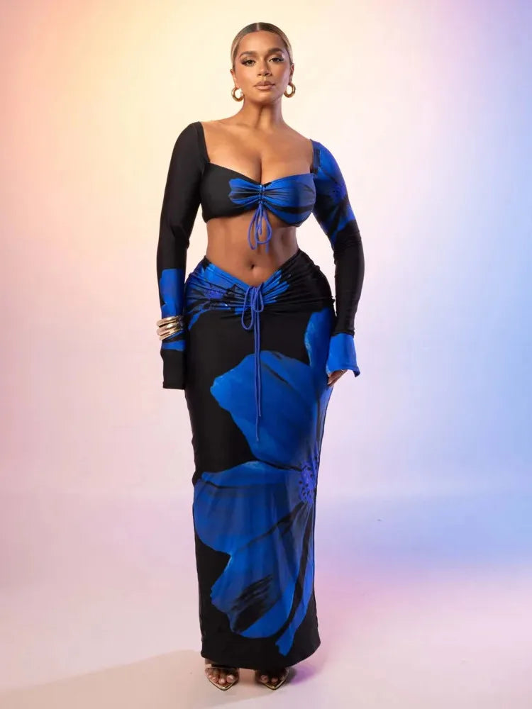 V-Neck Lace-Up Two-Piece Set with Long Skirt VestiVogue black M