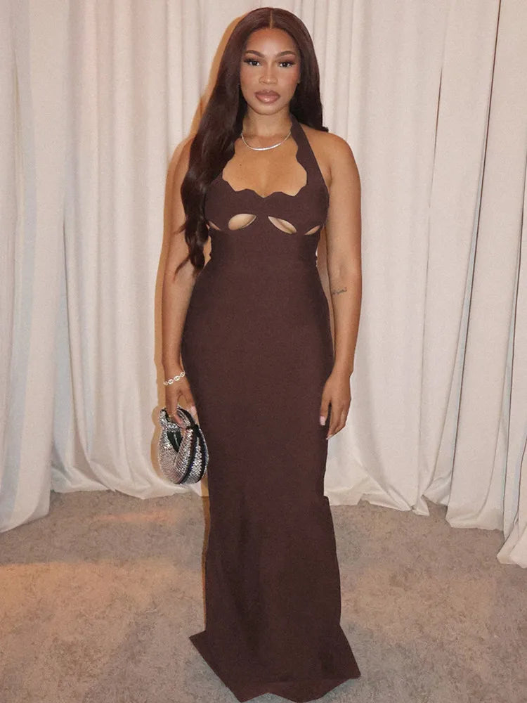 Halter Cut-Out Bodycon Maxi Dress in Elegant Solid Colours VestiVogue