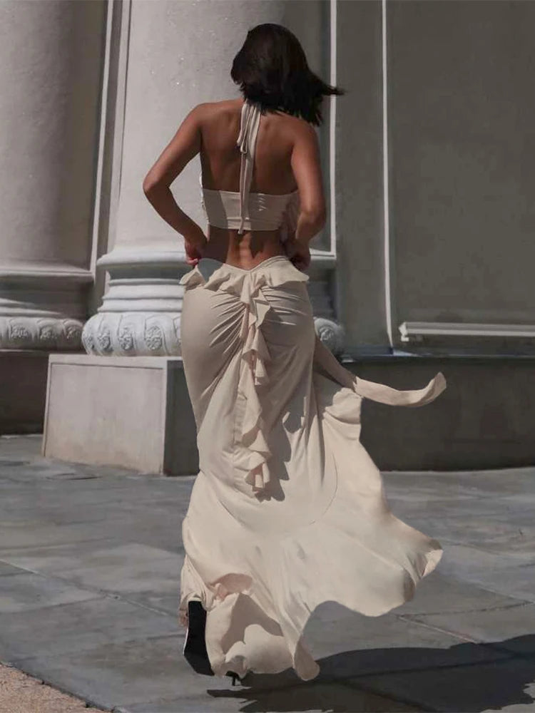 Asymmetrical Pleated Halter Tank & Ruffle Split Maxi Skirt Set VestiVogue