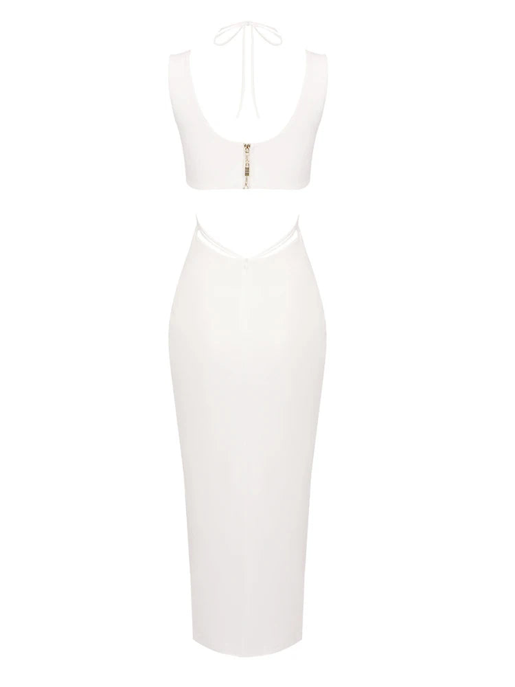 Halter V-Neck Floral Tie Bodycon Midi Dress VestiVogue