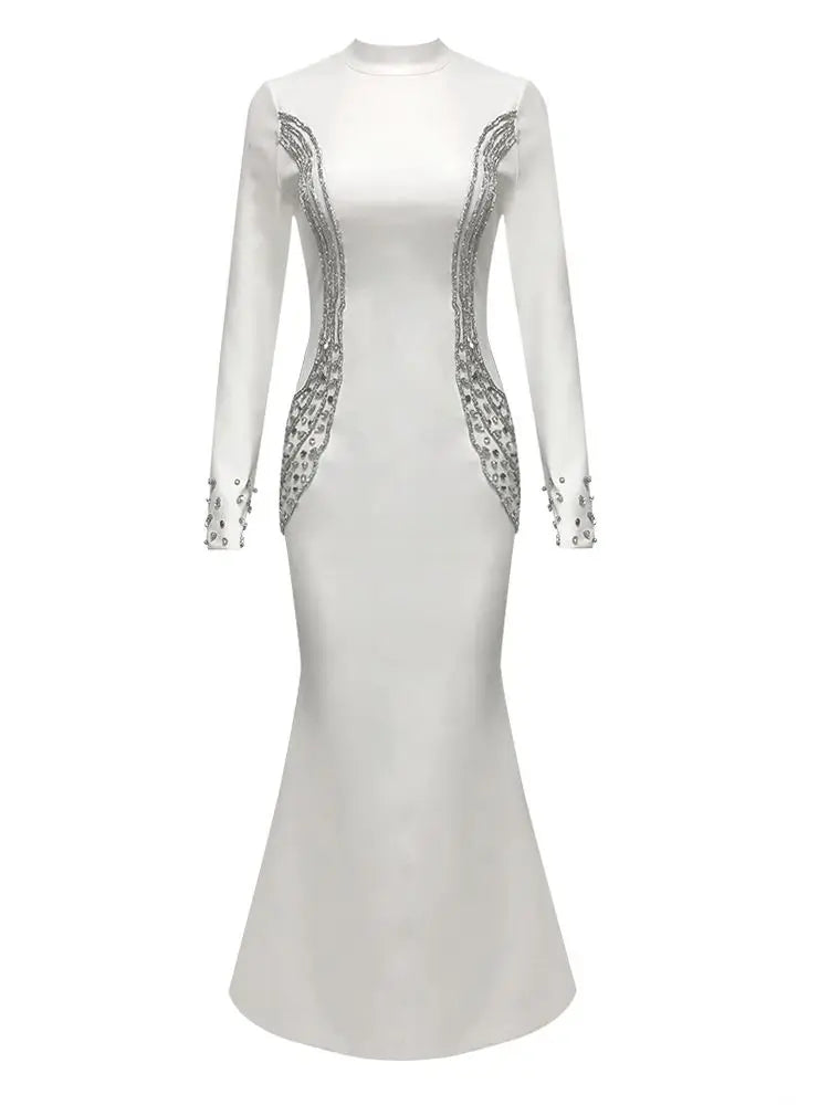 Backless Crystal Maxi Bodycon Dress VestiVogue WHITE L