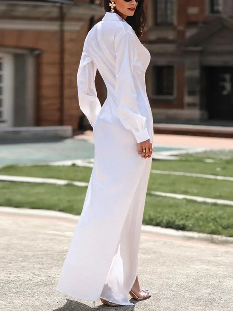 Chic White Deep V-Neck Long Sleeve Split-Side Dress VestiVogue