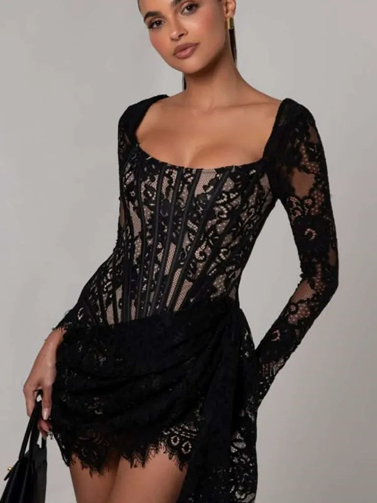 Elegant U Neck Black Lace Mini Bodycon Gown VestiVogue