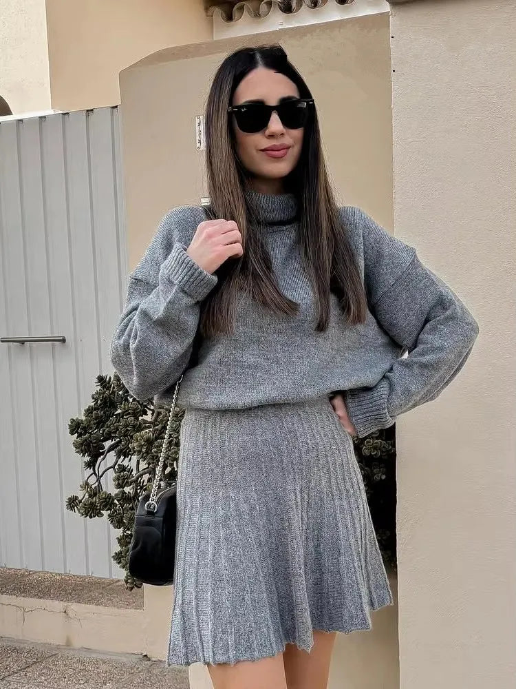 Chic Knitted Skirt Suit with High Collar Pullover and Mini Skirt VestiVogue