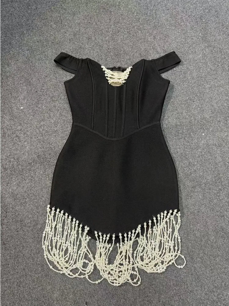 Elegant Off-Shoulder Black Bodycon Dress with Pearl Detail VestiVogue