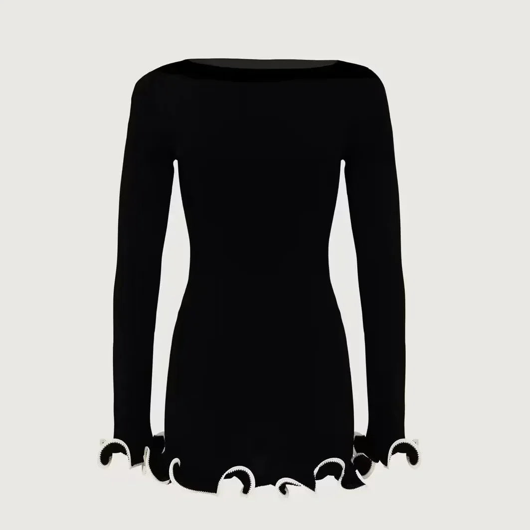 Fungus Contrast Knitted Mini Dress for Women VestiVogue Mini Black L