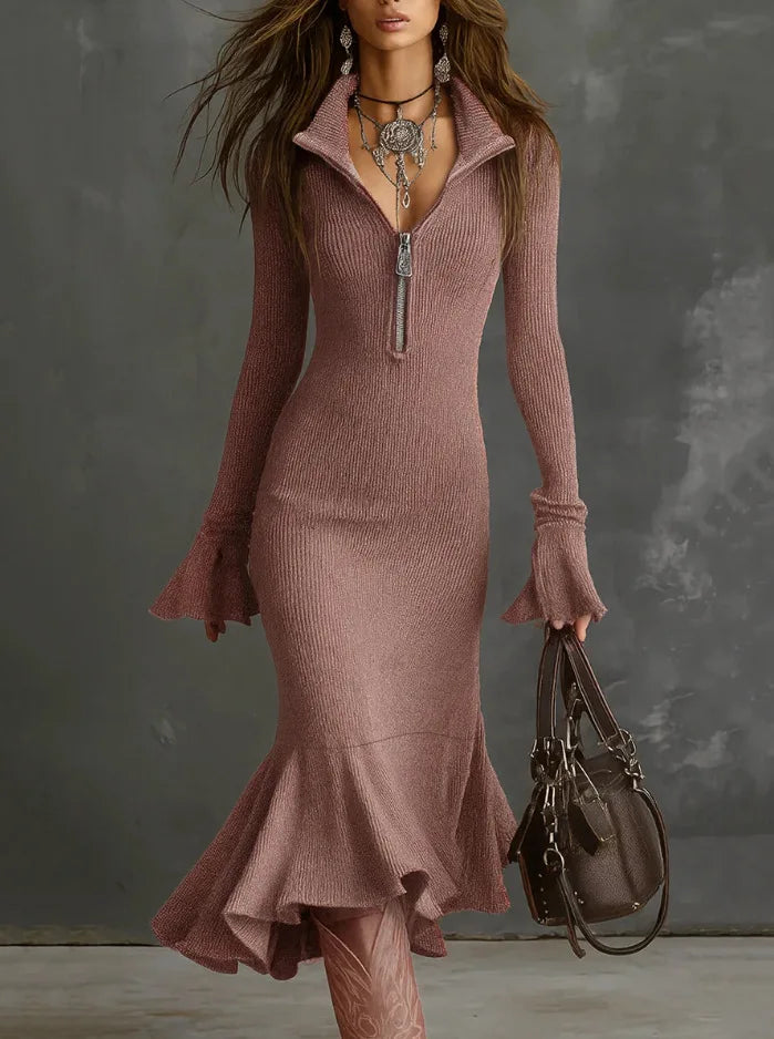 Solid Knitted Fishtail Dress with Flared Sleeves VestiVogue Pink 9665 S