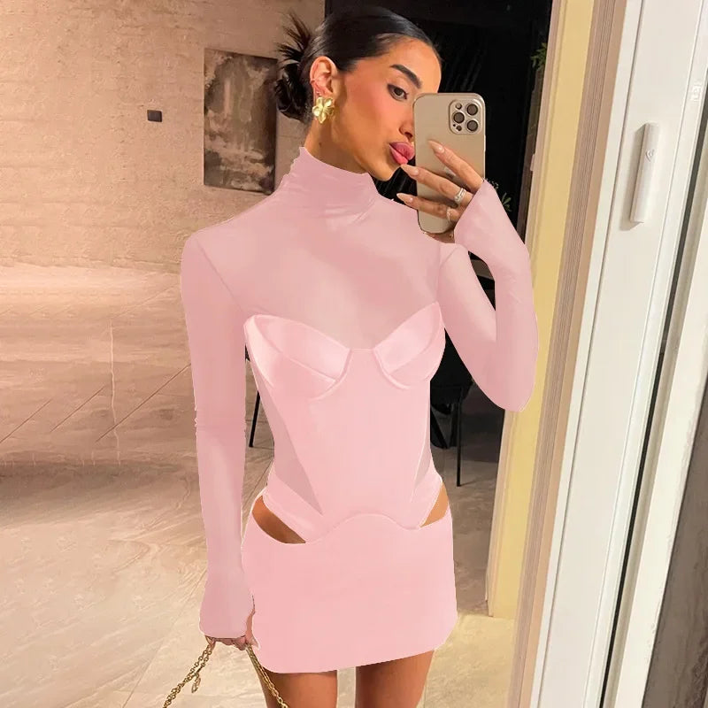 Mesh Splice Turtleneck Mini Dress VestiVogue Pink L