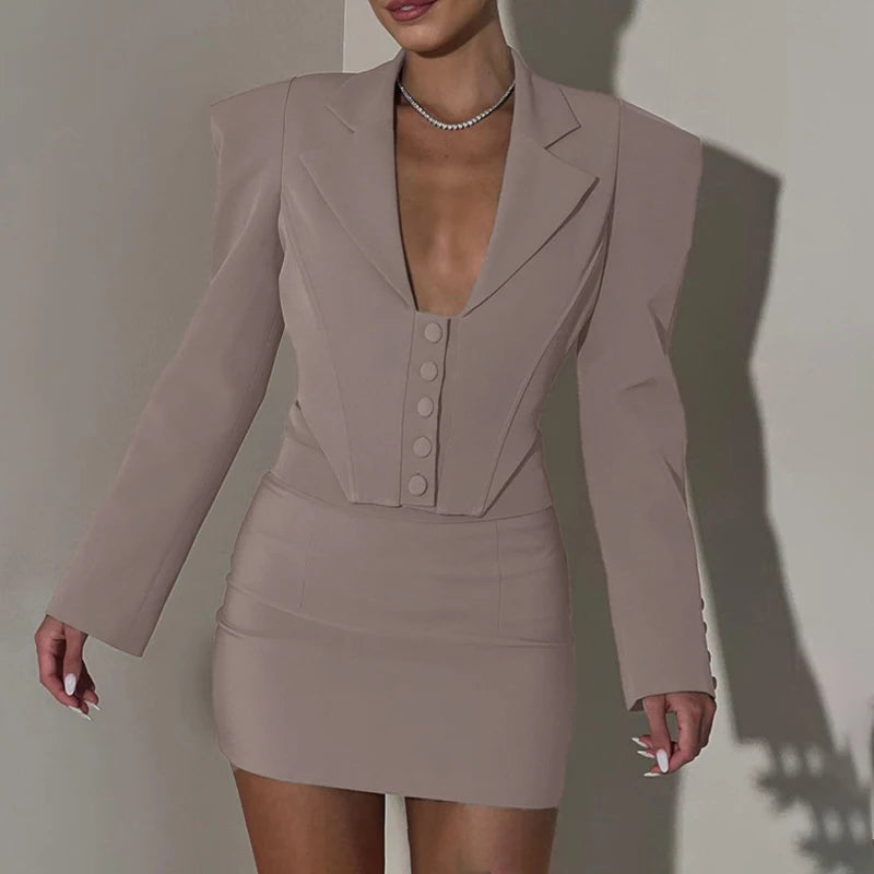Mini Skirt Suit with Long Sleeve Lapel Top and Bodycon Fit VestiVogue