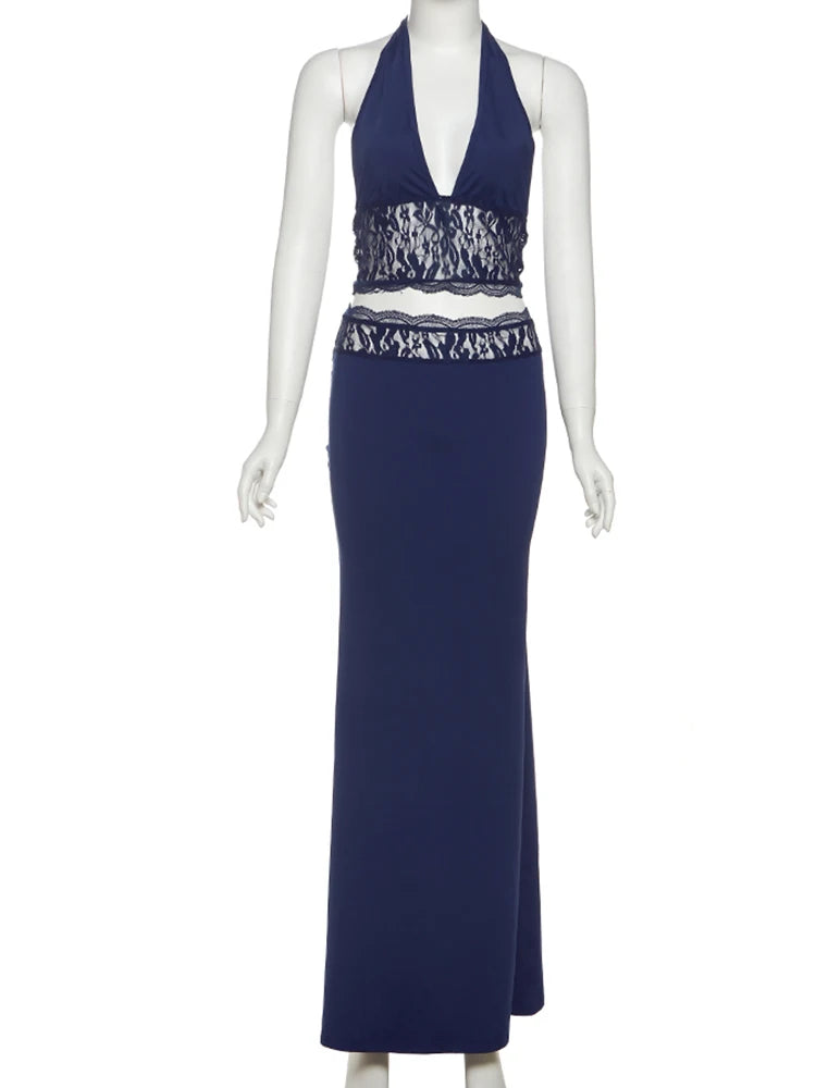 Lace Patchwork Halter Backless Two-Piece Set VestiVogue Blue L