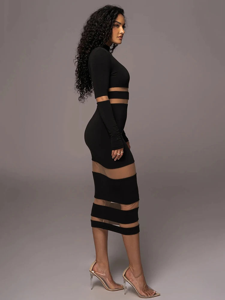 Mesh Patchwork Long Sleeve Midi Dress for Women VestiVogue