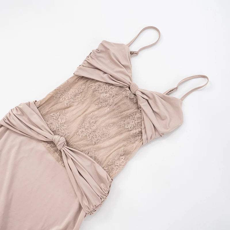 Elegant Backless Lace Camisole Dress with Pleated Details VestiVogue