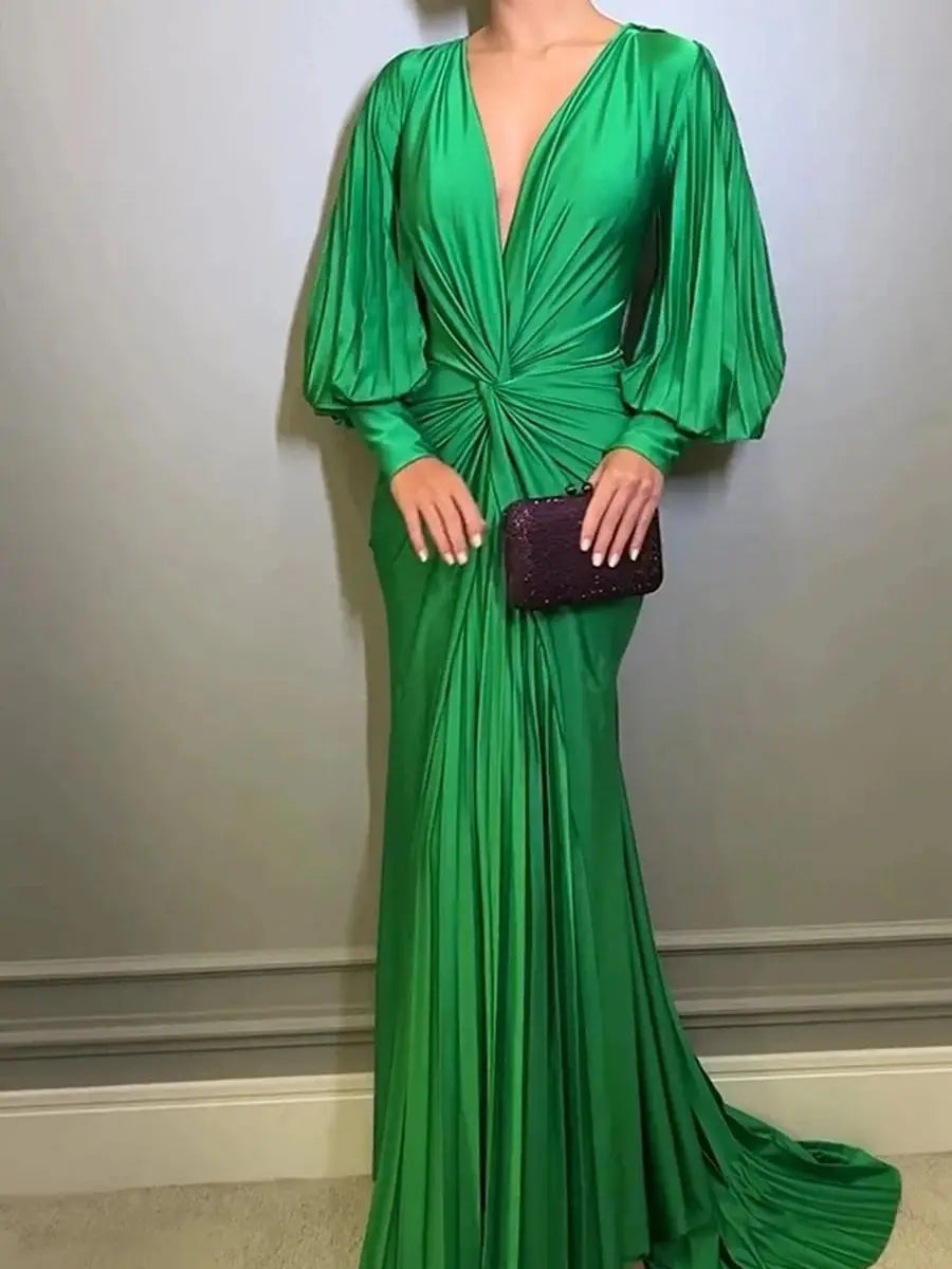 Deep V Neck Satin Green Maxi Dress VestiVogue