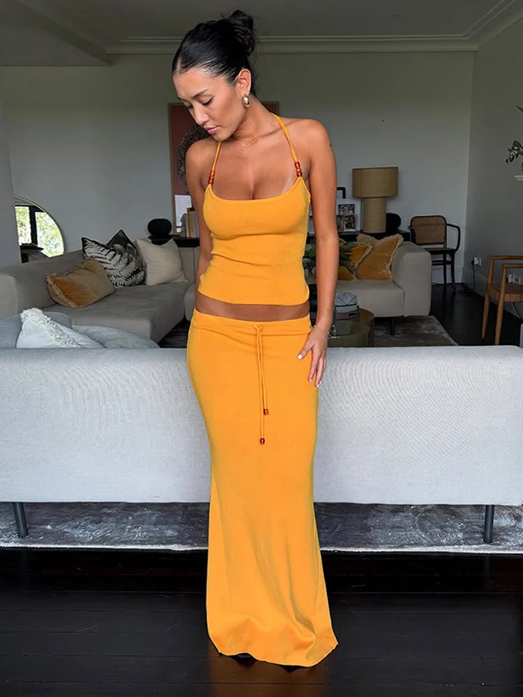 Chic Summer Solid Halter Top & Maxi Skirt Set VestiVogue