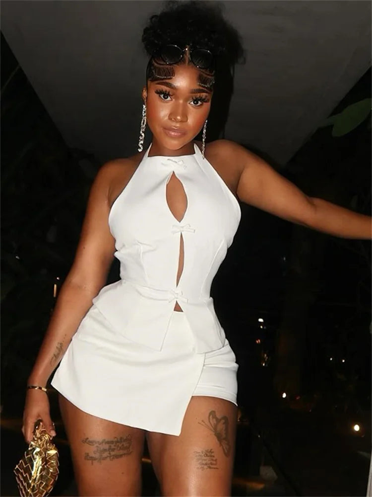 Chic Bows Halter Camisole and Stacked Mini Skirt Set VestiVogue WHITE S