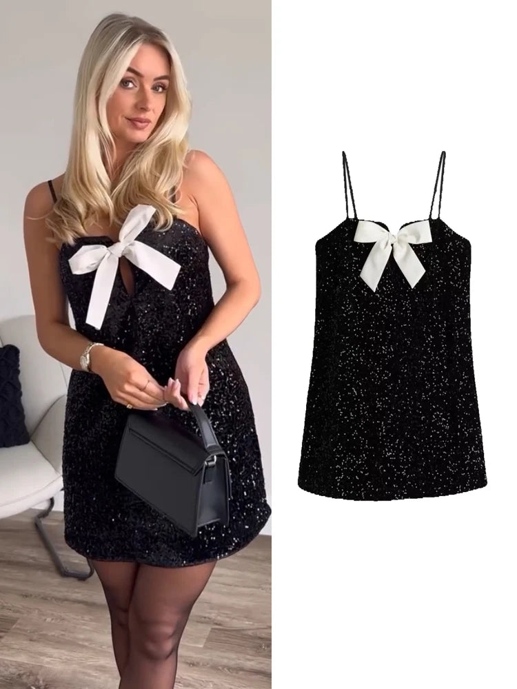 Chic Bow Patchwork Sequin Mini Dress for Parties VestiVogue