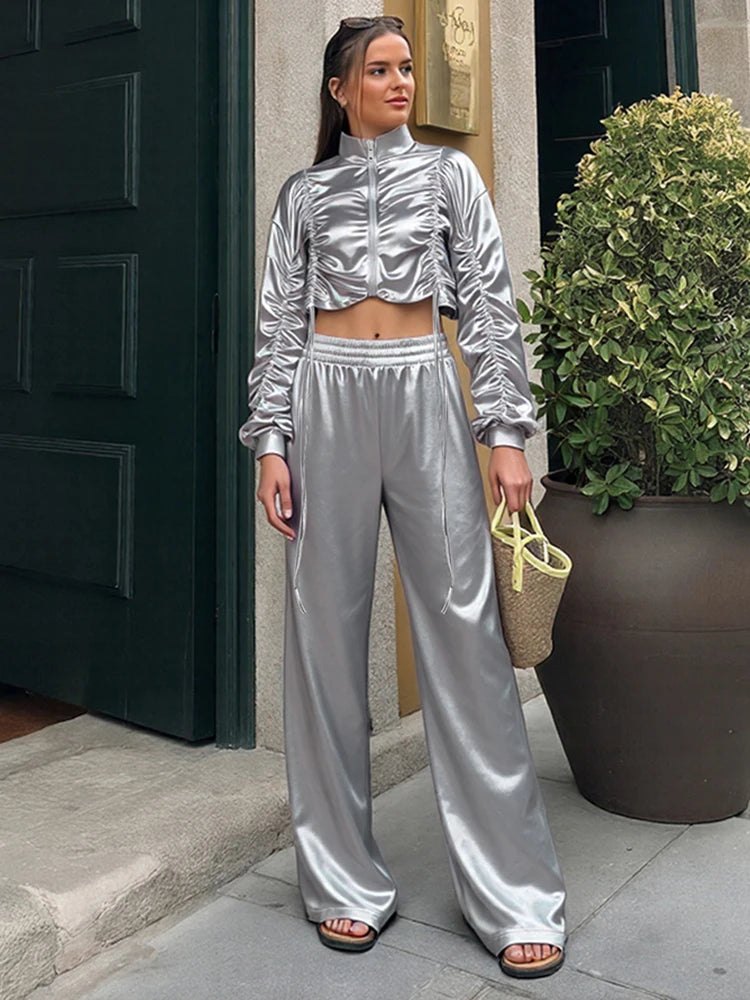 Satin Ruched Zip Crop Jacket & Tailored Pants Set VestiVogue