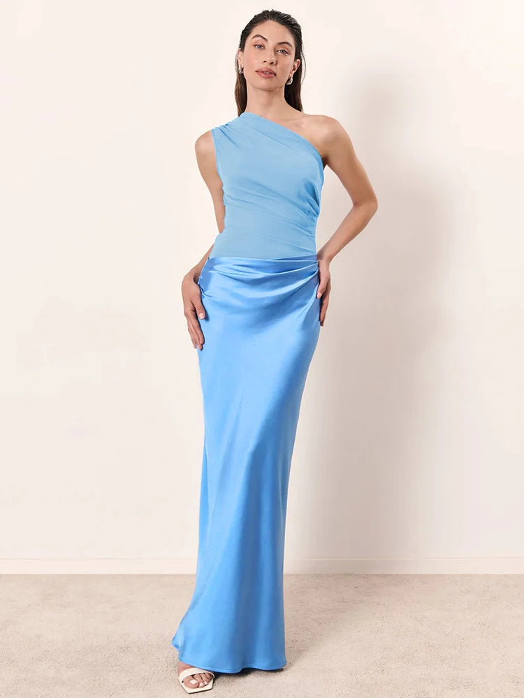 Elegant Satin Inclined Shoulder Maxi Dress - Sleeveless Backless Bodycon Design VestiVogue Blue S