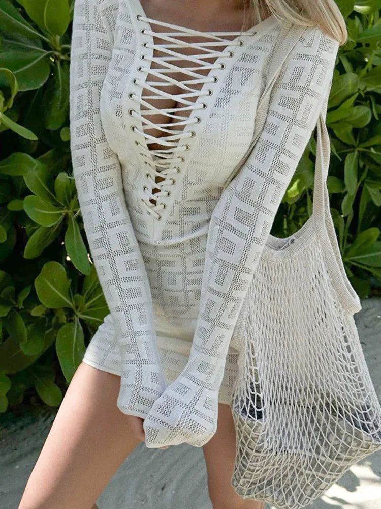 Lace-Up Deep V Slim Mesh Party Dress VestiVogue