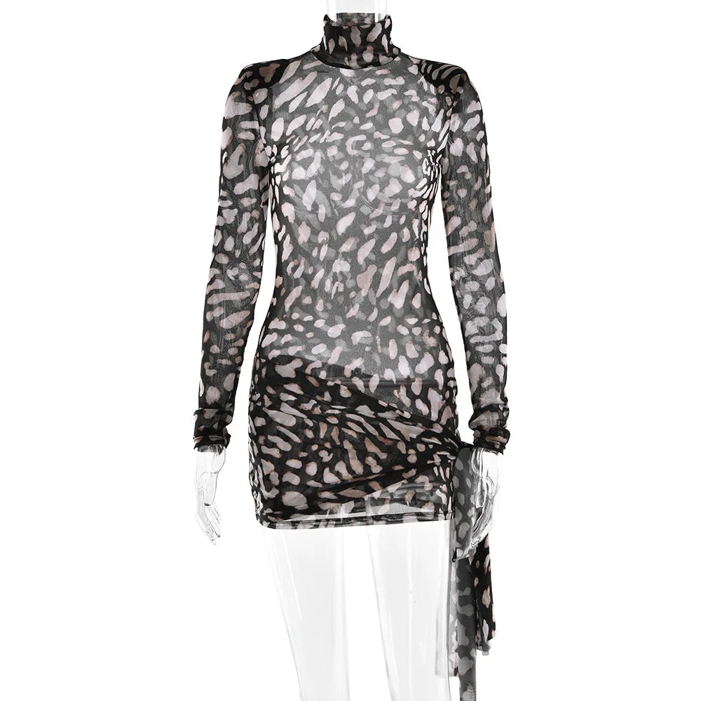 Sheer Leopard Print Turtleneck Mini Dress VestiVogue