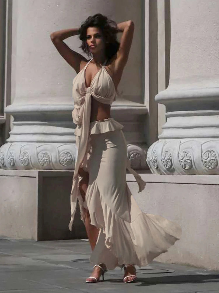 Asymmetrical Pleated Halter Tank & Ruffle Split Maxi Skirt Set VestiVogue