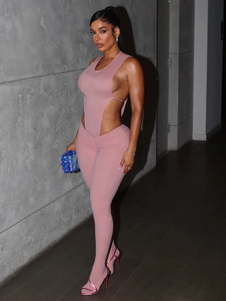 Chic Side-Split Bodysuit & Peach Leggings Set VestiVogue Pink S