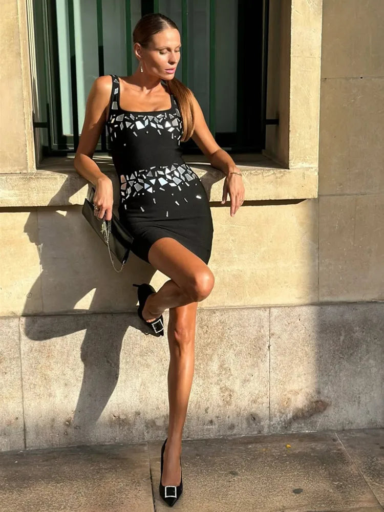 Elegant Black Bodycon Bandage Dress with Beaded Detail VestiVogue