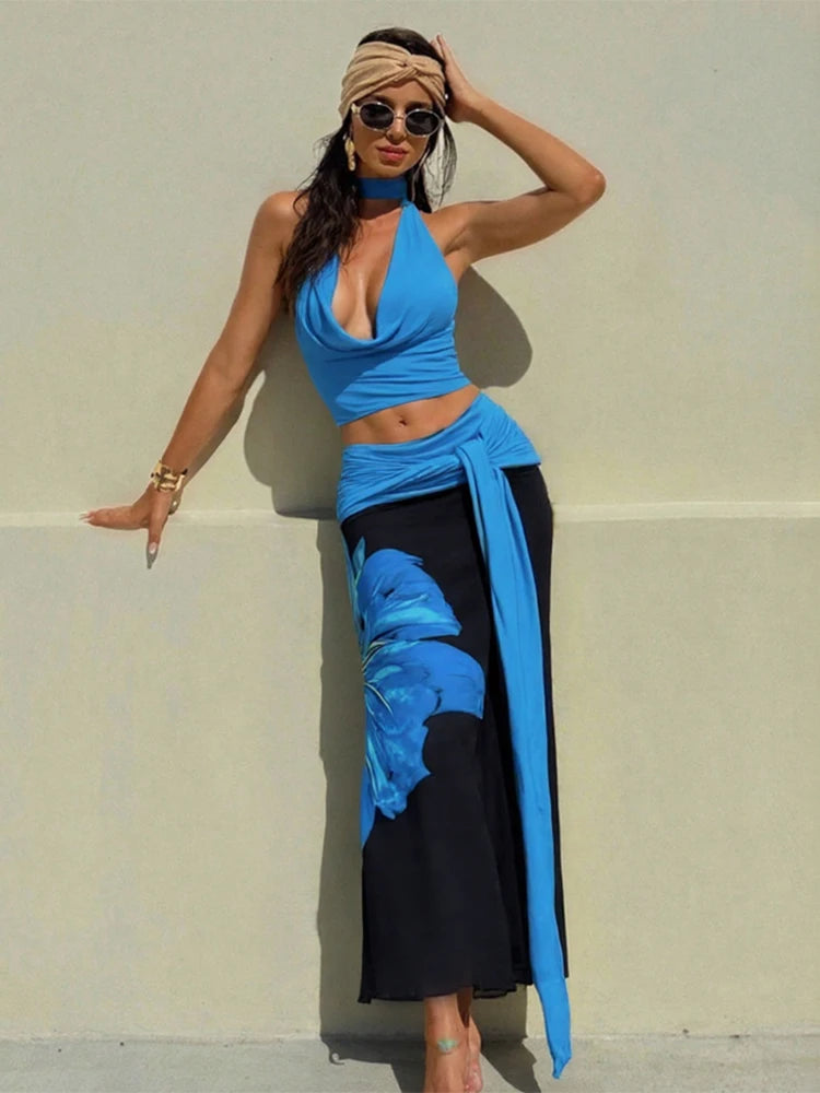 Halter Backless 2-Piece Tie Tassel Vacation Set VestiVogue