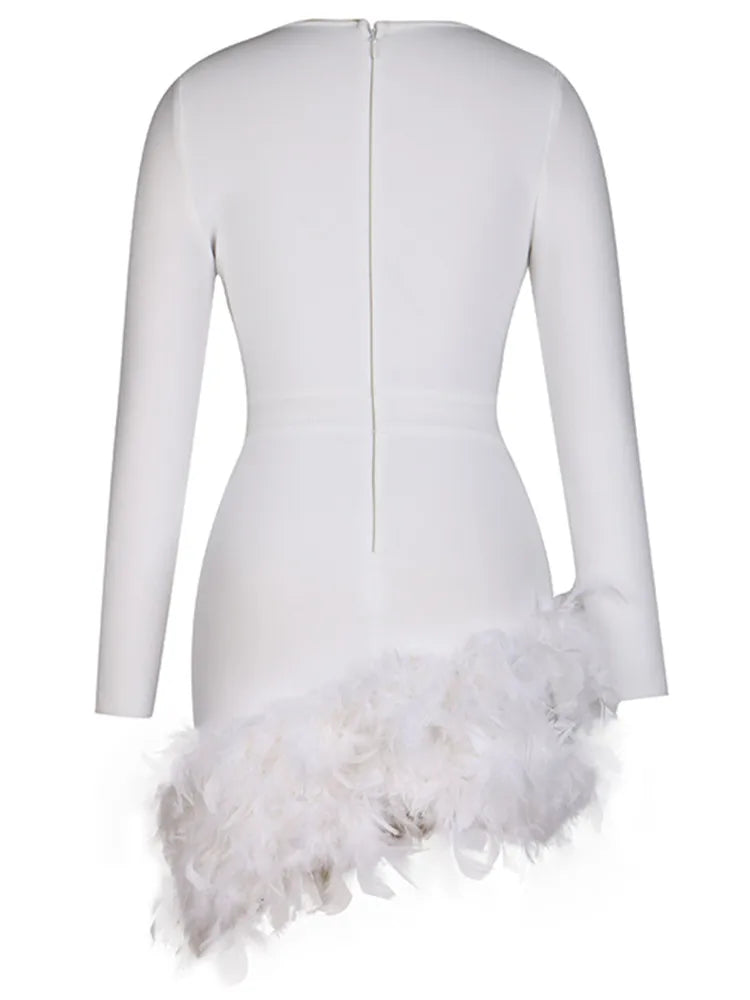 Feather Detailed V-Neck Long Sleeve Mini Bandage Dress VestiVogue