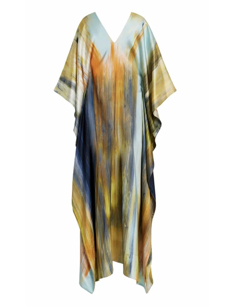 Chic Deep V-neck Batwing Maxi Dress with Ruffle Details VestiVogue