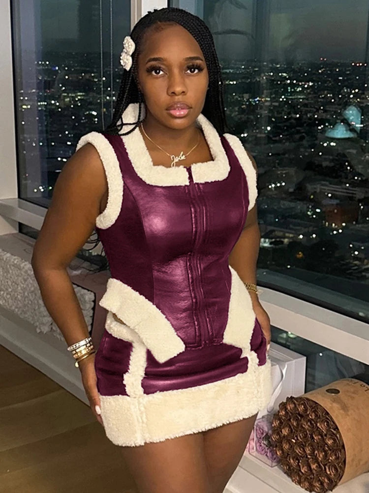 Chic Patchwork Two-Piece Set with Zip-Up Crop Top and High-Waisted Mini Skirt VestiVogue