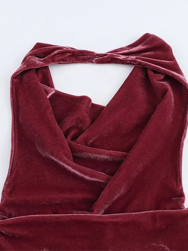 Velvet Halter Backless Maxi Dress VestiVogue
