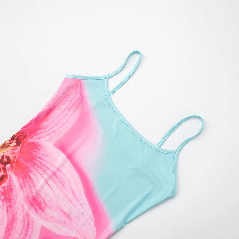 Floral Print Sleeveless Backless Mini Dress with Spaghetti Straps VestiVogue