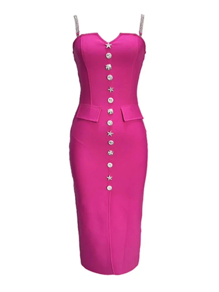 Sleeveless Hot pink Midi Bandage Dress VestiVogue