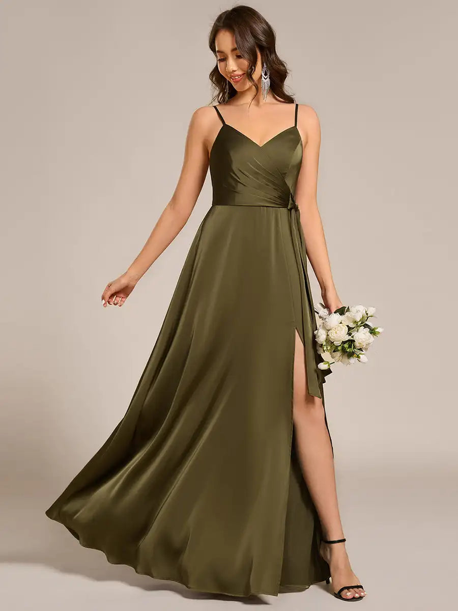 Olive Green V-Neck Spaghetti Strap Split Satin Floor-Length Dress VestiVogue