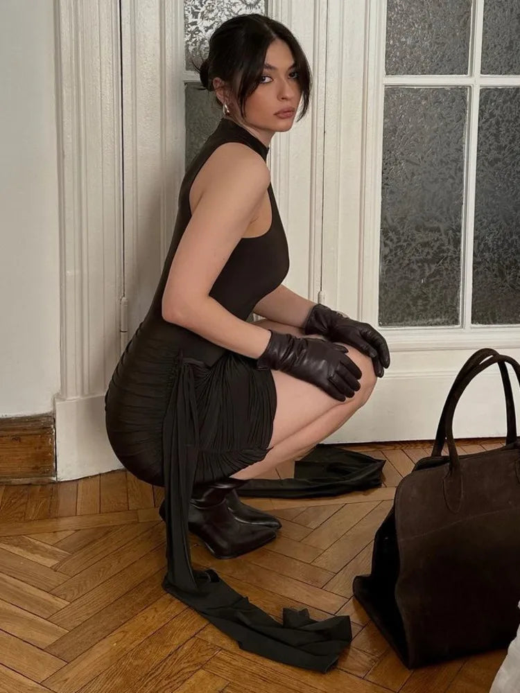 Sleeveless High Neck Lace Up Mini Dress VestiVogue