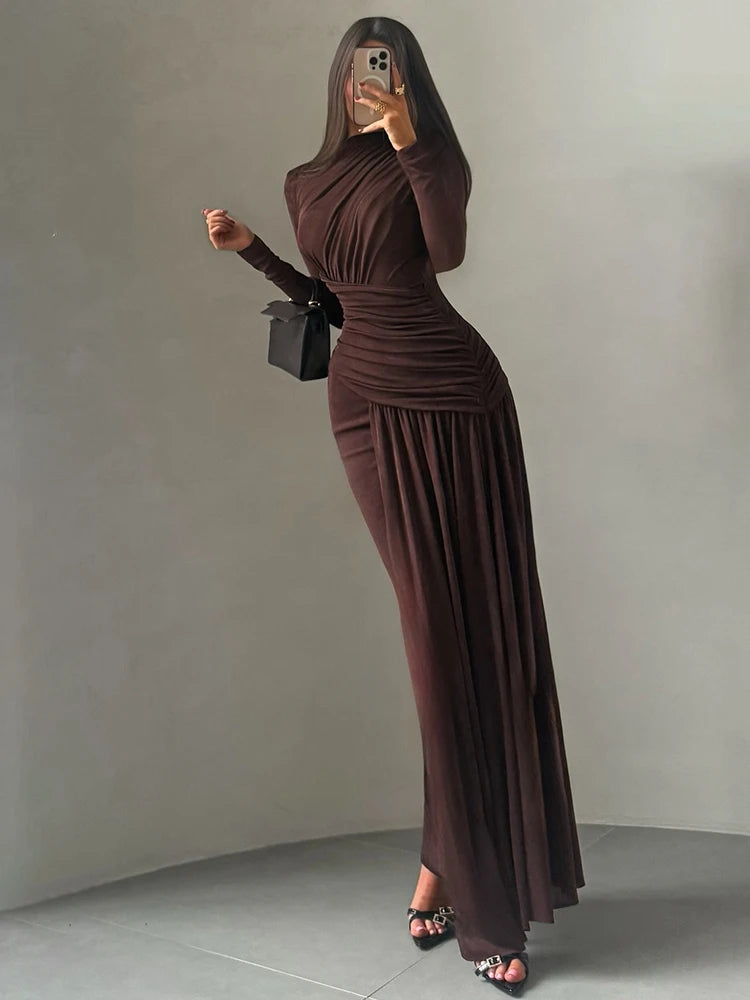 Ruched Full Sleeve Ankle-Length Dress VestiVogue