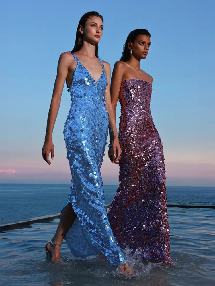 V Neck Black Sequin Maxi Gown VestiVogue