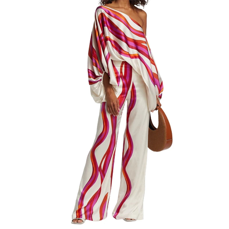 Diagonal Collar Striped Puff Sleeve Pants Set VestiVogue ROSE RED XL