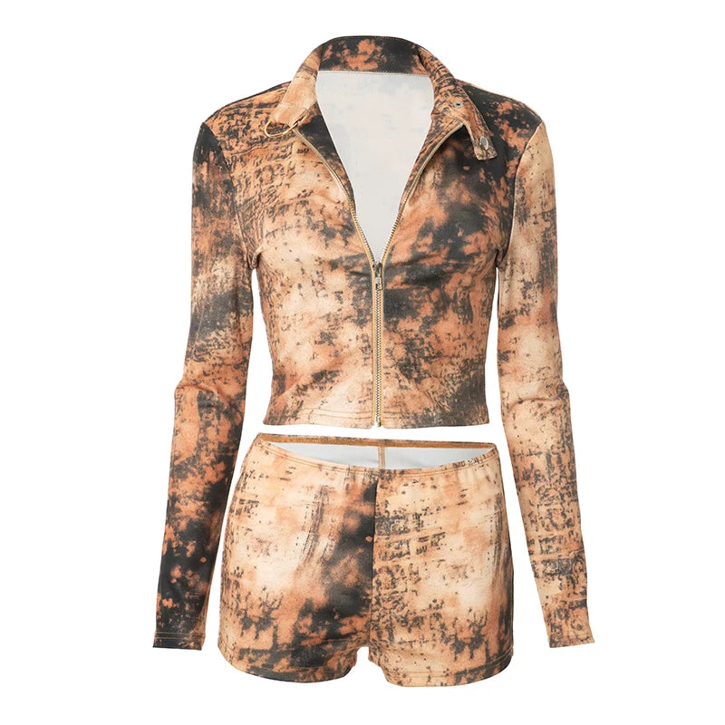 Vintage Chic Two-Piece Zip Top and Shorts Set VestiVogue