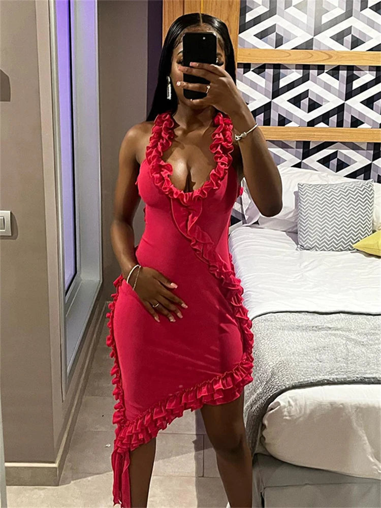 Elegant Mesh Mini Dress with Slash Neck and Crossed Hip Design VestiVogue