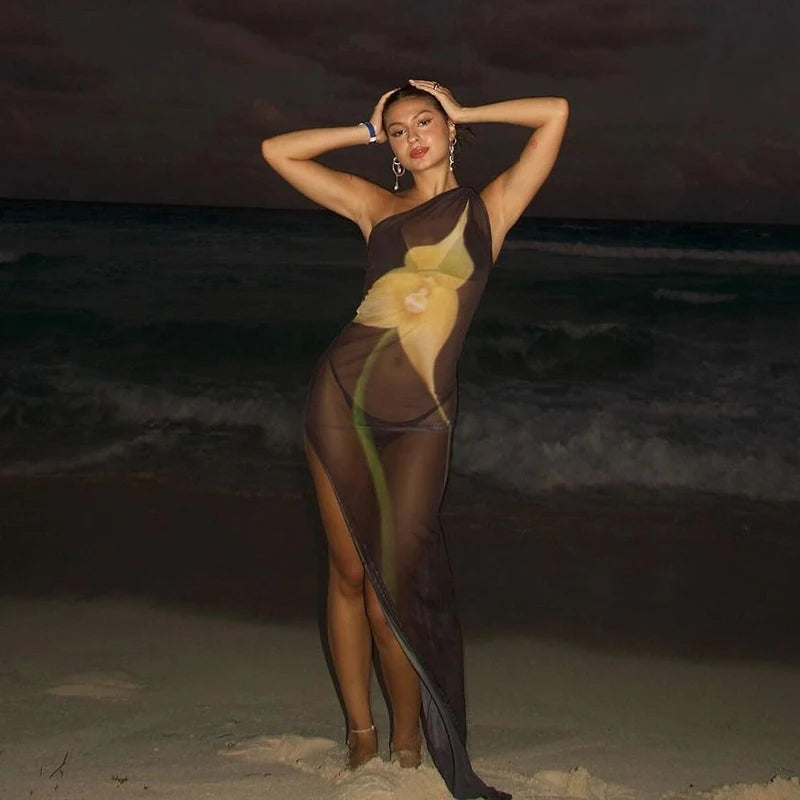 One-Shoulder See-Through Mesh Slit Dress VestiVogue