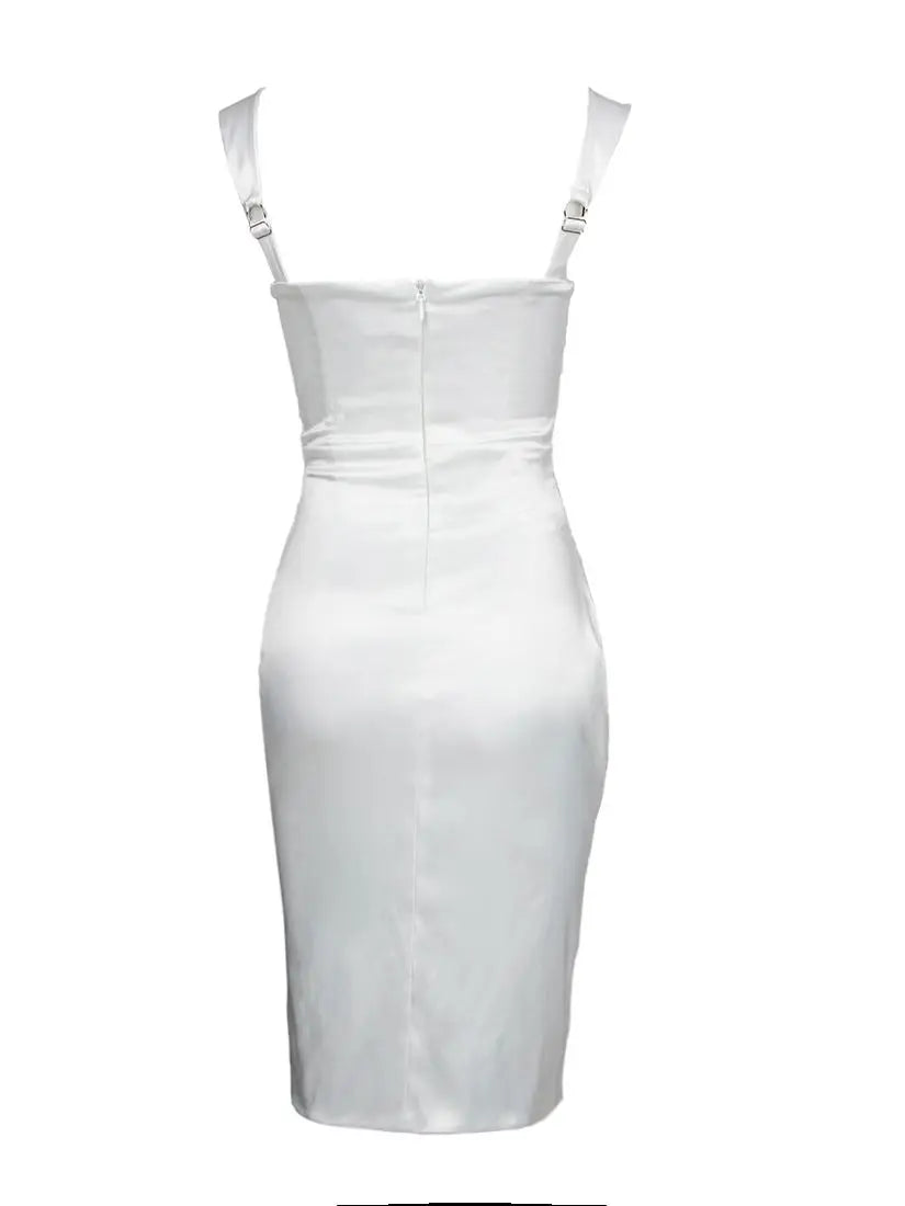 White Spaghetti Strap Split V Neck Bustier Dress VestiVogue