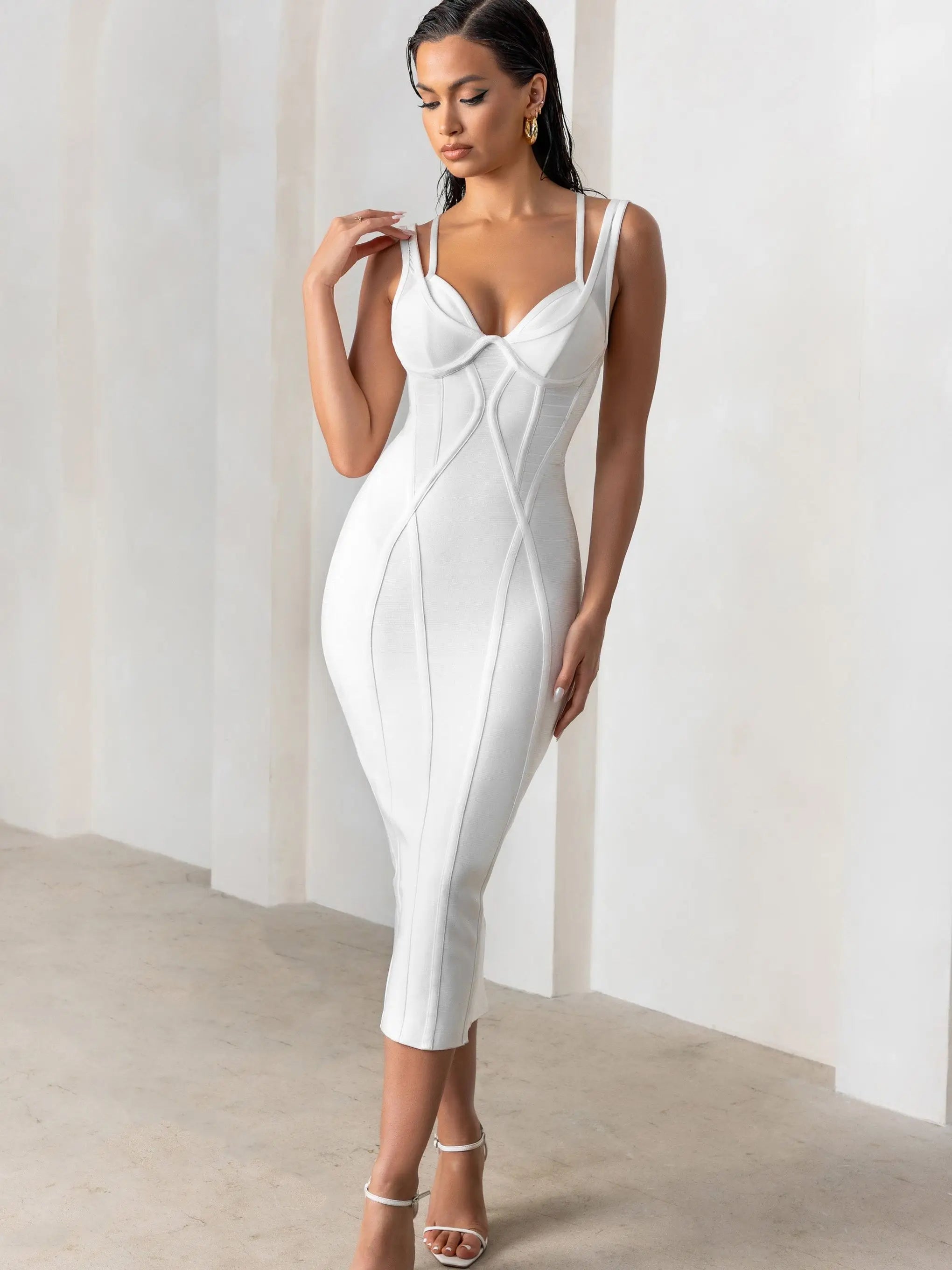 White Midi Criss Cross Bodycon Dress with Double Straps VestiVogue